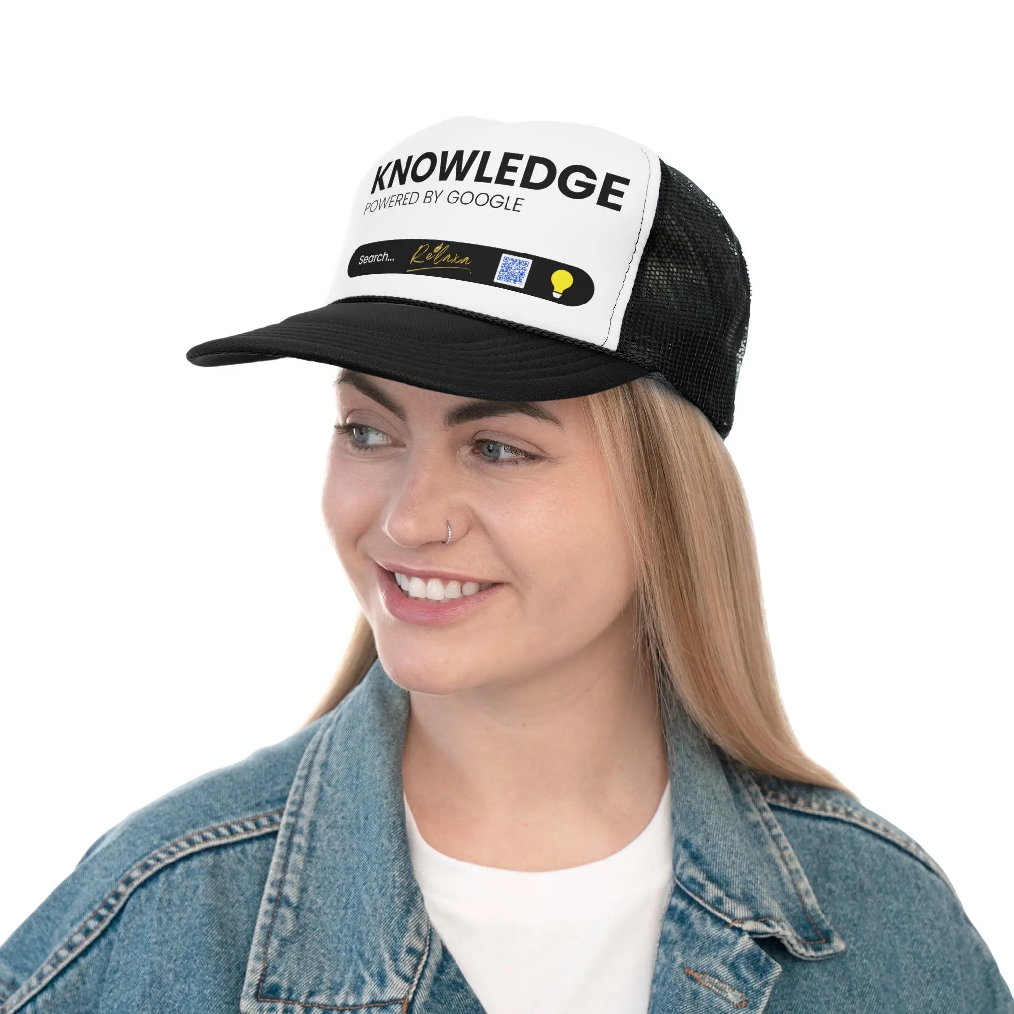 Knowledge is Power with Relaxa Trucker Cap - Powered by Google, Perfect Gift for Tech Lovers Printify