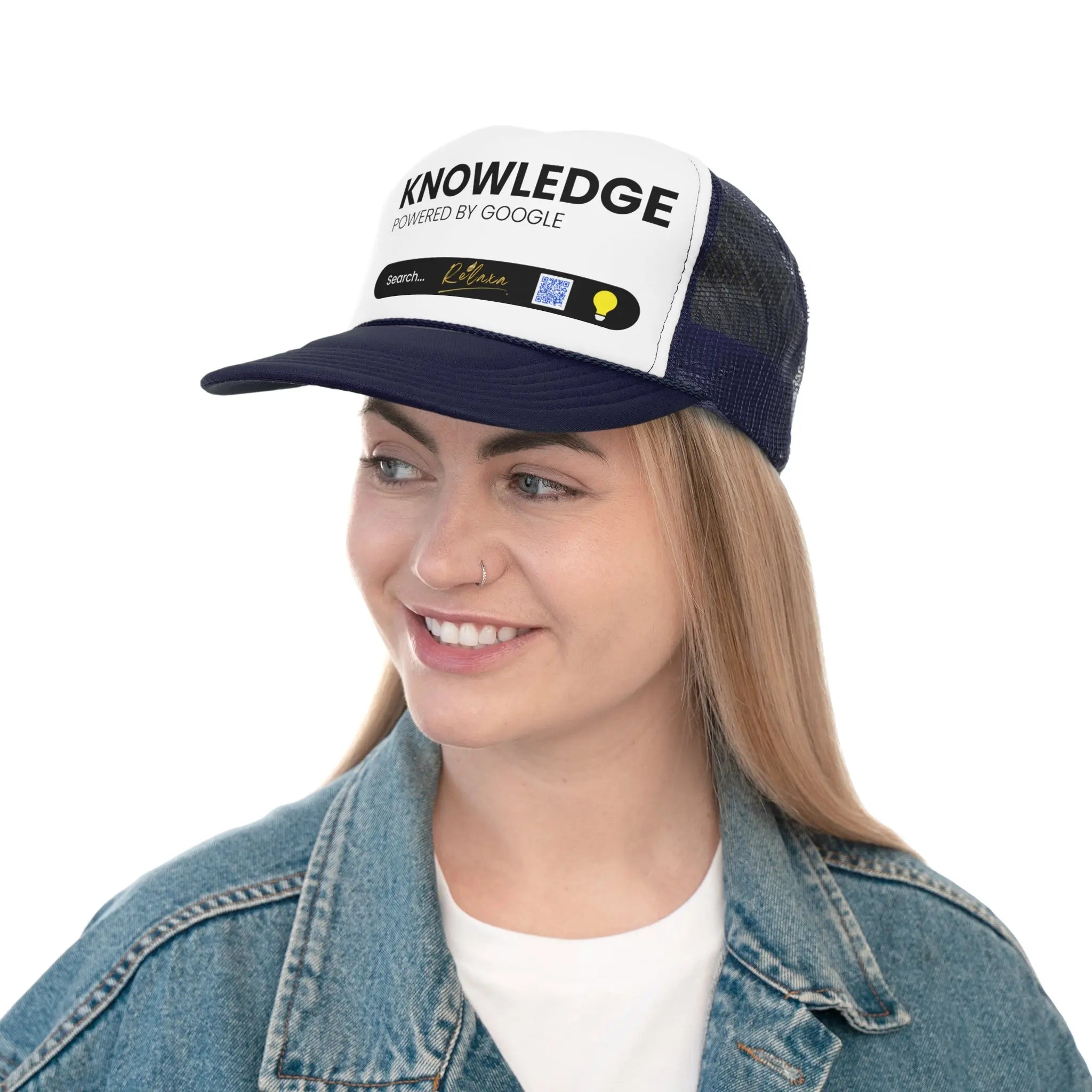 Knowledge is Power with Relaxa Trucker Cap - Powered by Google, Perfect Gift for Tech Lovers Printify